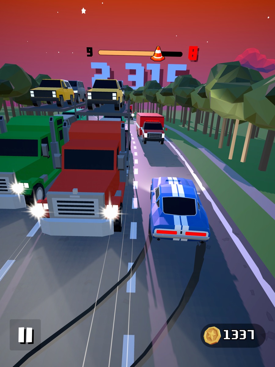 Blue car passing trucks and a vehicle transporter under a pink dusk sky