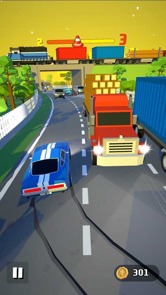Blue sports car swerving beside an oncoming red truck beneath a freight train bridge