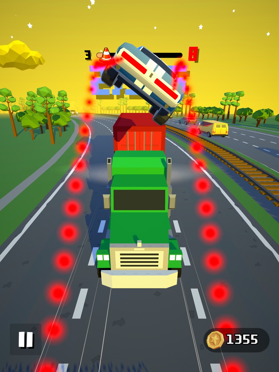 Car tumbling above a green truck with glowing red trails