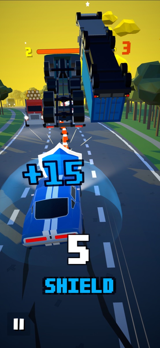 Shielded blue car approaching two trucks flipping into the air