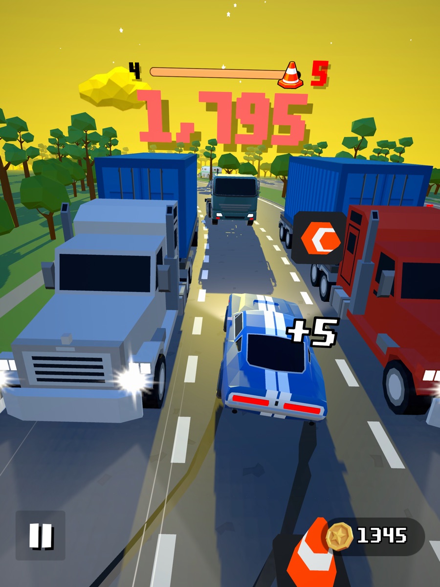 Blue car threading a gap between oncoming container trucks